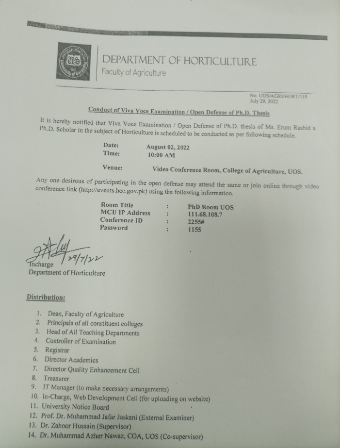 Conduct of Viva Voce Examination/Open Defense of PhD Thesis(Department of Horticulture)